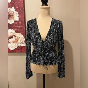 Zara black and white polka dot cinched waist front wrap top, size medium